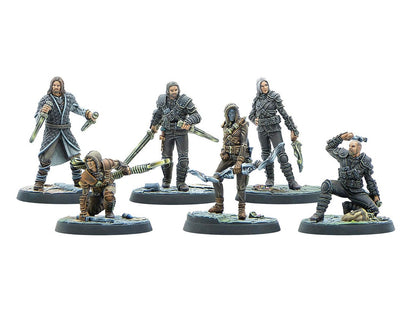 Six detailed miniature warrior figures with swords, crossbows, and pistols, in action poses.