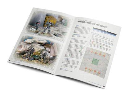 An open Fallout: Wasteland Warfare rulebook displays game miniatures, scenario text, and a battlefield diagram.