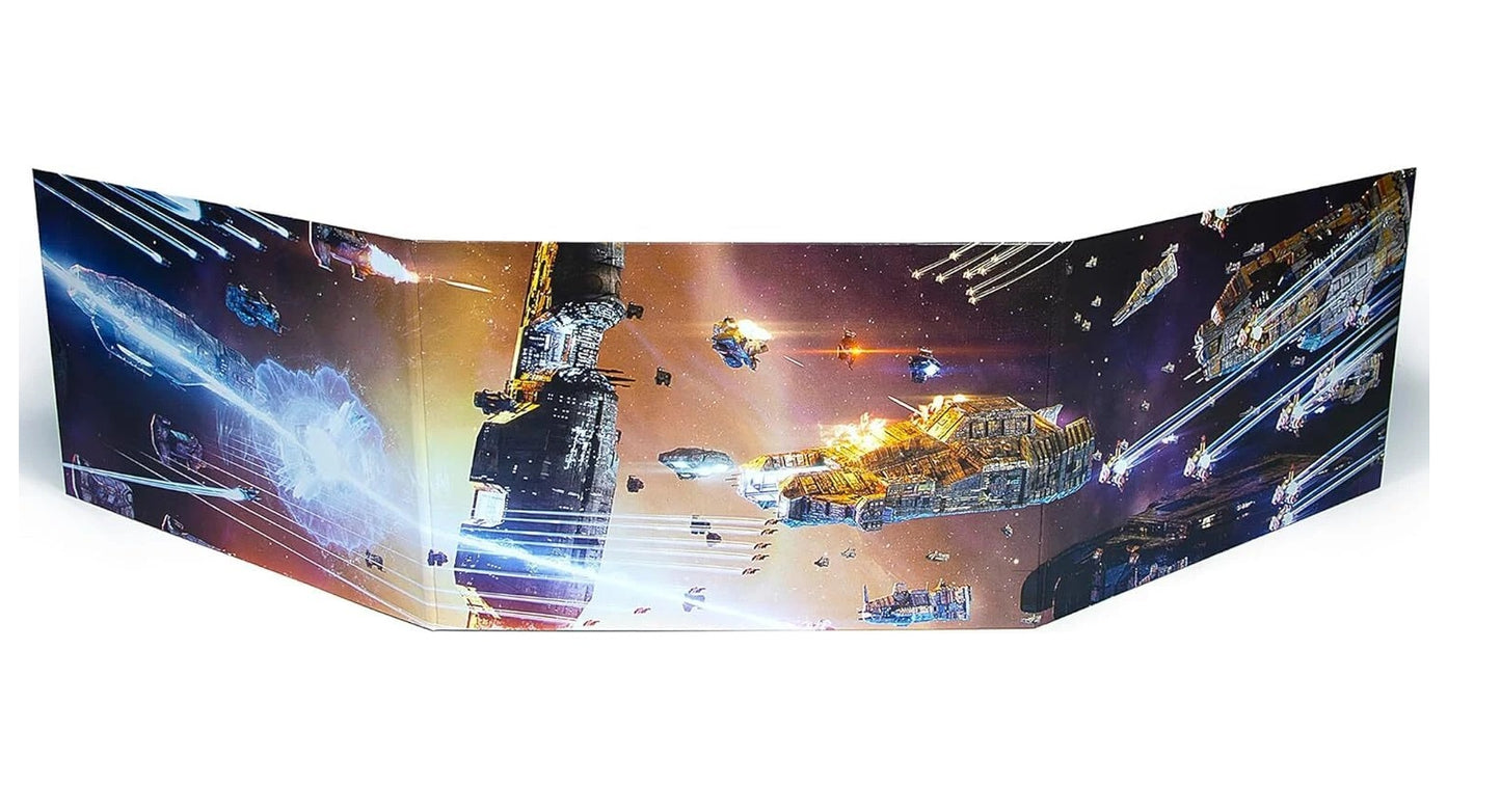 Foldable game screen depicting a chaotic space battle with multiple spaceships firing lasers and exploding in space.
