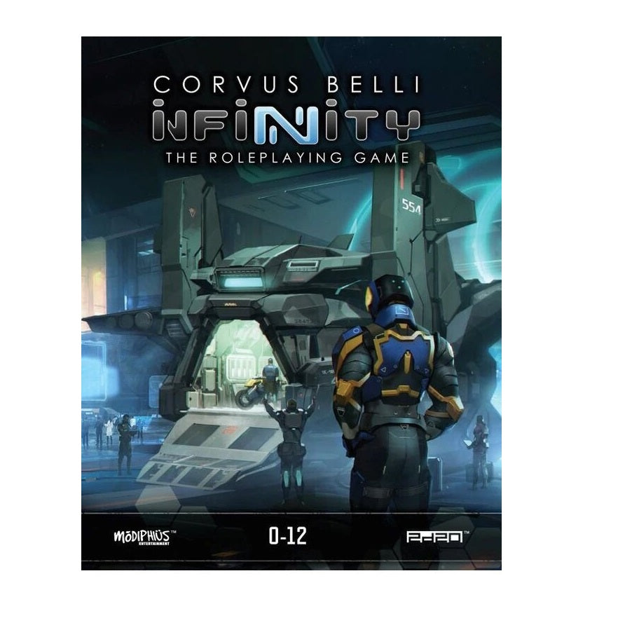 Cover for Infinity The Roleplaying Game: An armored figure in blue and gold views a large futuristic dropship in a hangar.