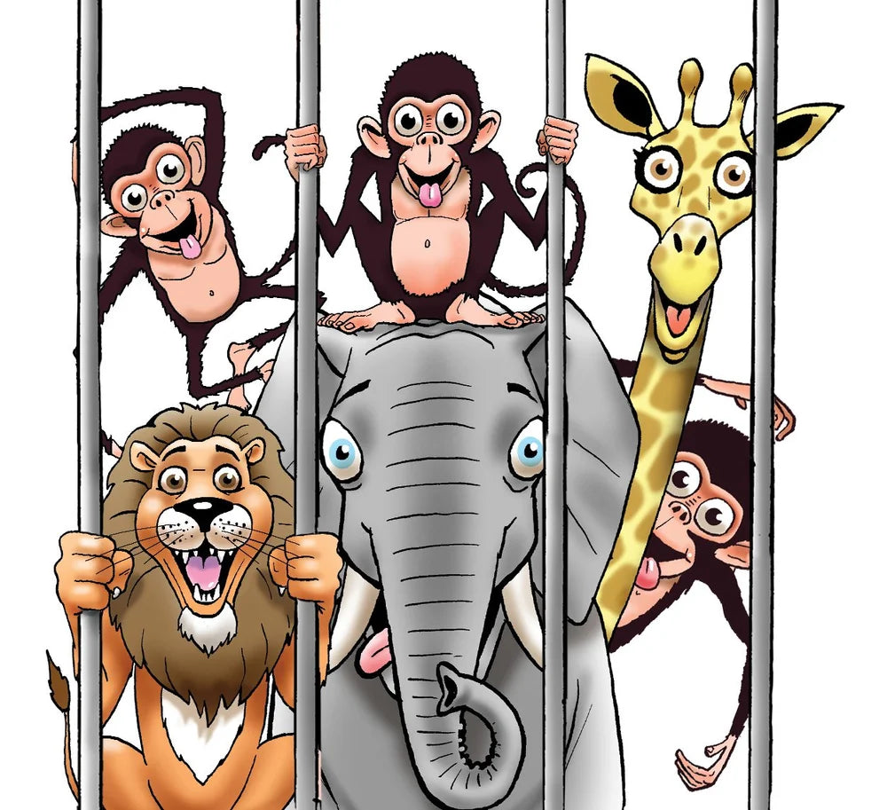 Cartoon elephant, lion, giraffe and monkeys playfully peeking from behind bars