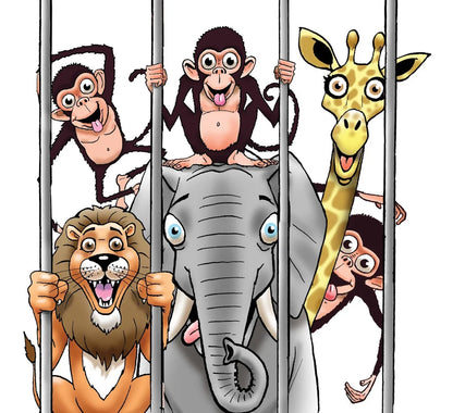 Cartoon elephant, lion, giraffe and monkeys playfully peeking from behind bars