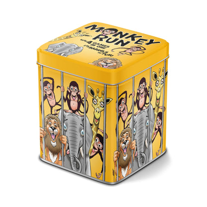 A yellow "Monkey Run" game tin with cartoon safari animals (monkeys, elephants, lions, giraffes) behind bars