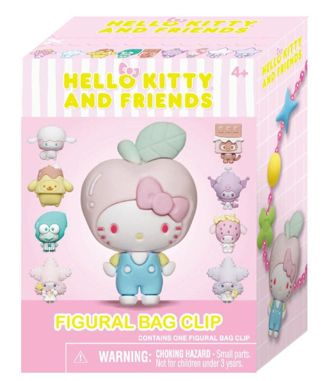 Pink blind box for Hello Kitty and Friends Figural Bag Clips, featuring a sample figure of Hello Kitty in an apple outfit