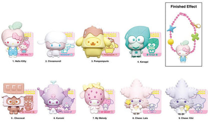 Nine pastel Sanrio character collectible figures (Hello Kitty, Kuromi, Keroppi) displayed with a charm bracelet
