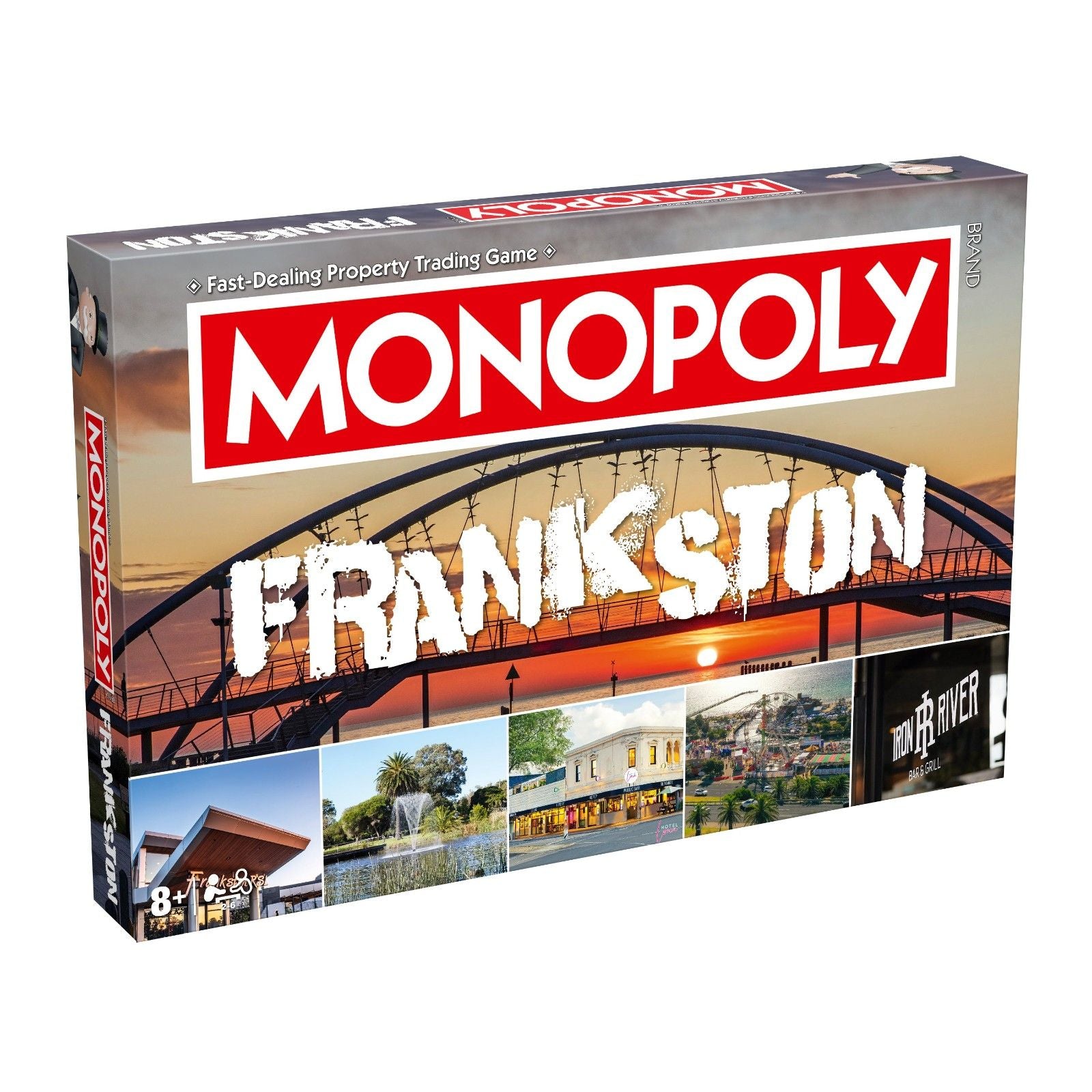 The Monopoly Frankston edition box displays a bridge at sunset, the city name, and a collage of five diverse Frankston area images