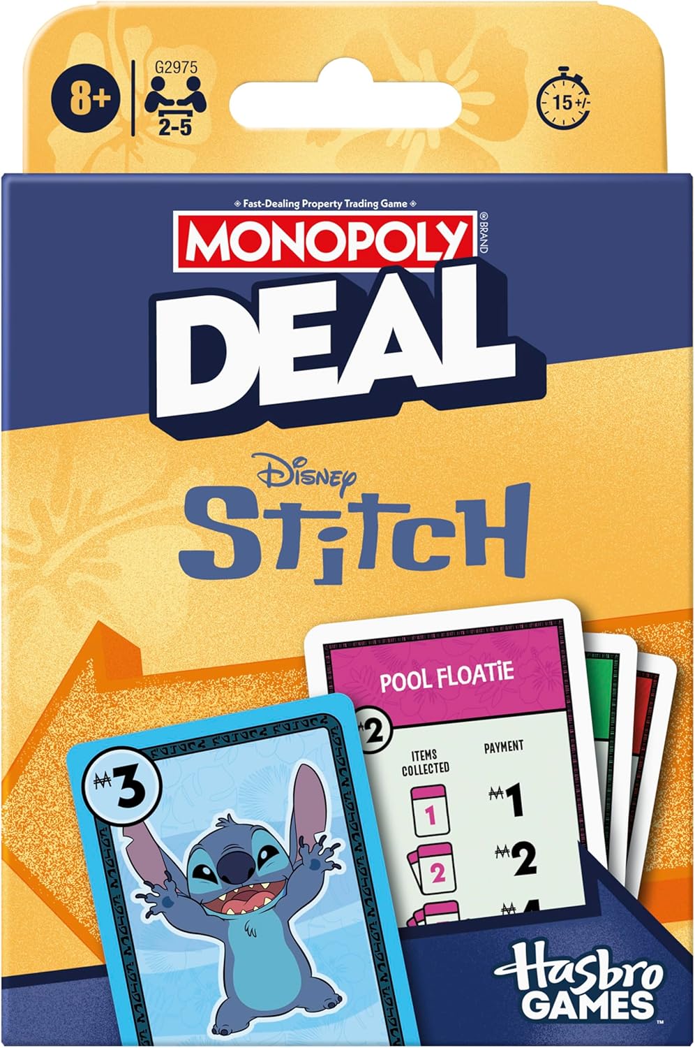 Monopoly Deal Stitch card game packaging box front view