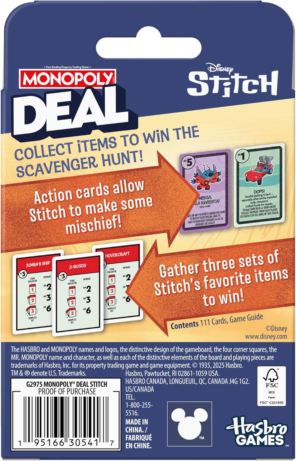 Monopoly Deal Stitch card game packaging box back view