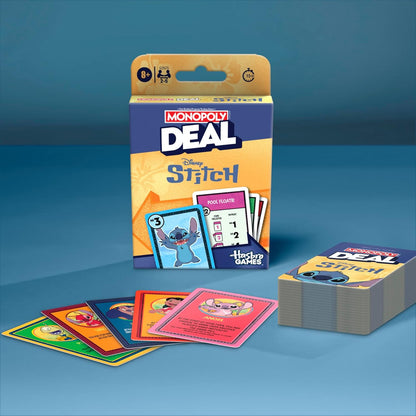 Monopoly Deal Disney Stitch card game box and scattered character cards, including Stitch and Angel, against a blue background