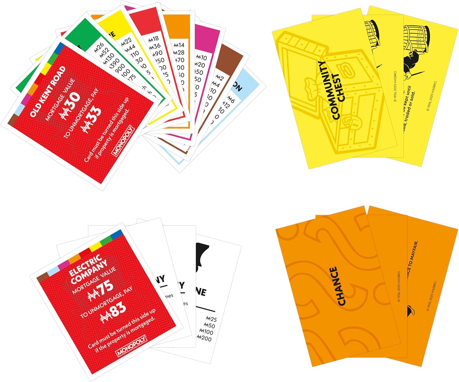 Monopoly game cards: Red Old Kent Road & Electric Company property deeds, yellow Community Chest cards with a treasure chest, and orange Chance cards with question marks