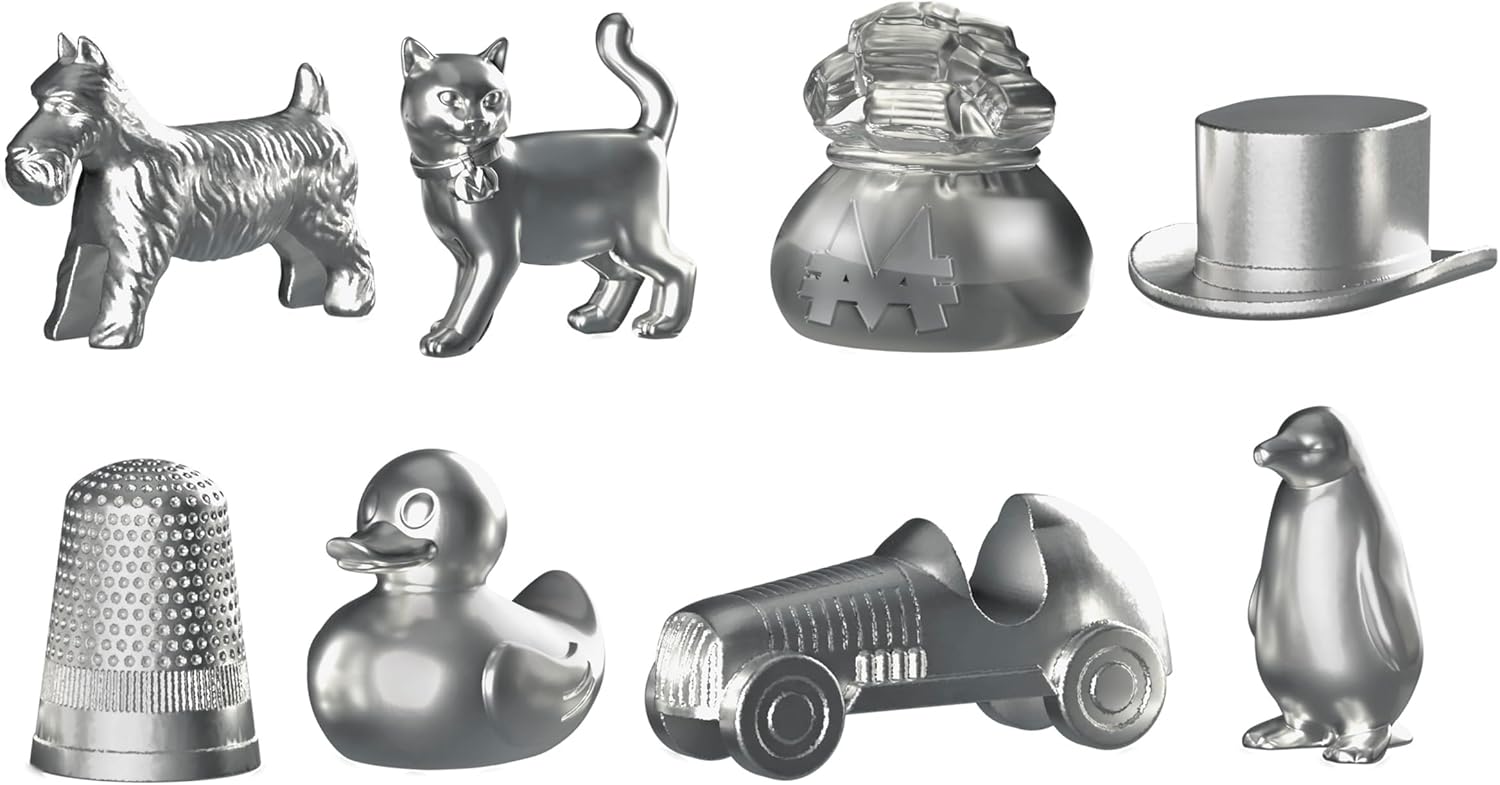 Collection of eight shiny silver Monopoly tokens: Scottie dog, cat, money bag, top hat, thimble, rubber duck, race car, and penguin
