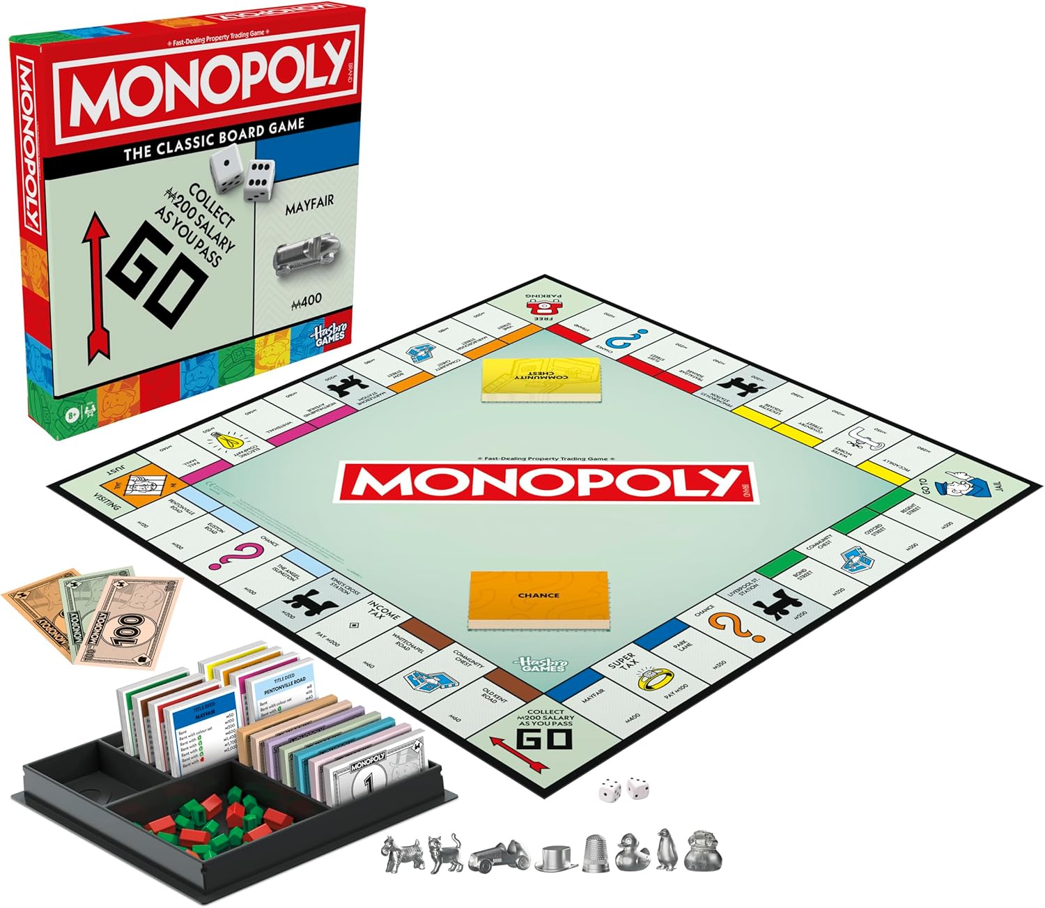Monopoly classic board game set with box, game board, money, title deed cards, red & green houses, dice, and various metal tokens including a car, dog, and hat