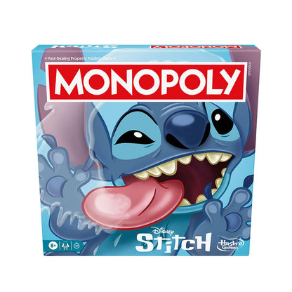 Monopoly Disney Stitch Edition box with Stitch smiling, tongue out, and hands raised