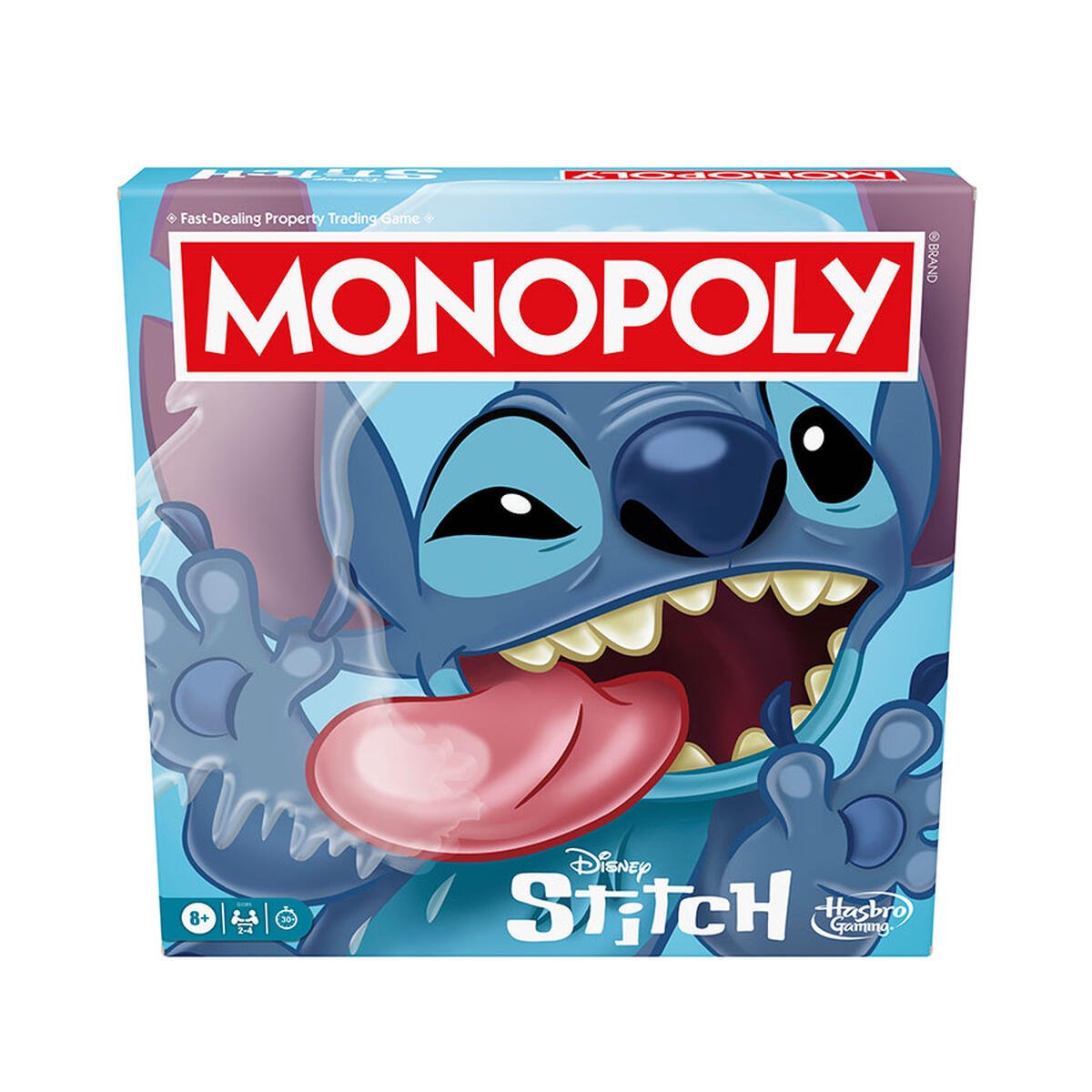 Monopoly Disney Stitch Edition box with Stitch smiling, tongue out, and hands raised