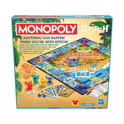 Back of Disney Stitch Monopoly game box, showing tropical island board, four Stitch tokens, dice, and money
