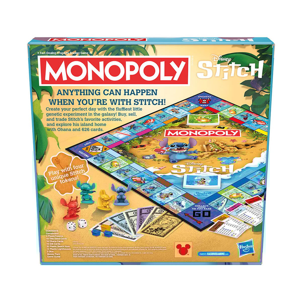 Back of Disney Stitch Monopoly game box, showing tropical island board, four Stitch tokens, dice, and money