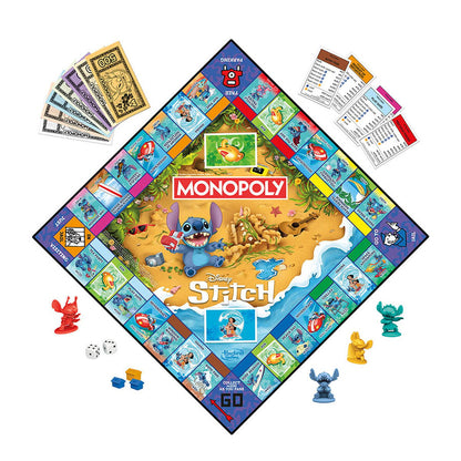 Monopoly: Disney Stitch Edition board game showing beach-themed board, Stitch and Lilo, character tokens, money, and cards