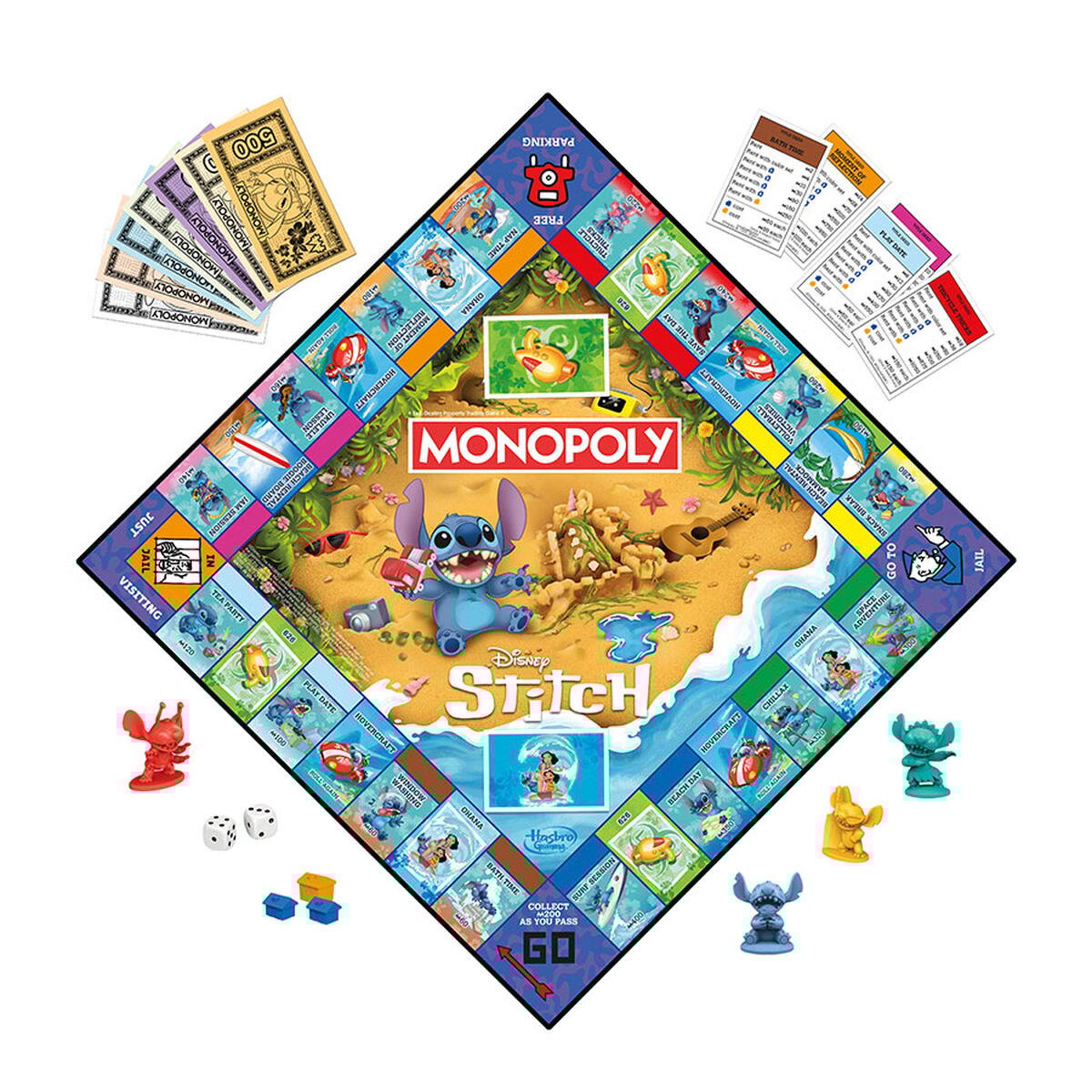 Monopoly: Disney Stitch Edition board game showing beach-themed board, Stitch and Lilo, character tokens, money, and cards