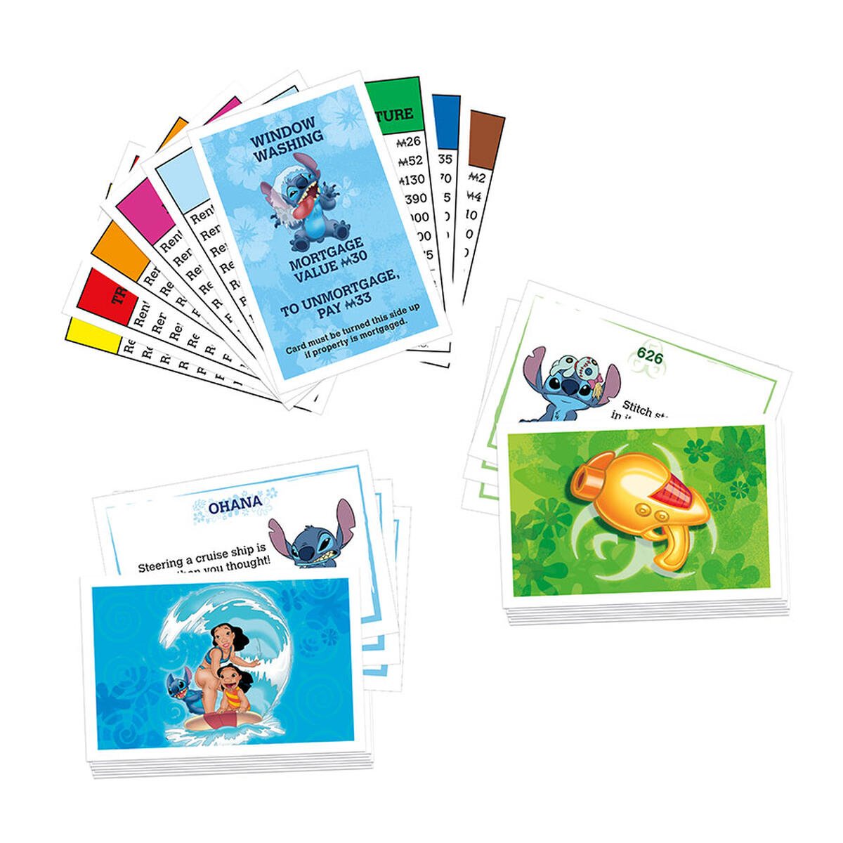 Stacks of Lilo &amp; Stitch Monopoly-style game cards, featuring Stitch, Lilo, and property details