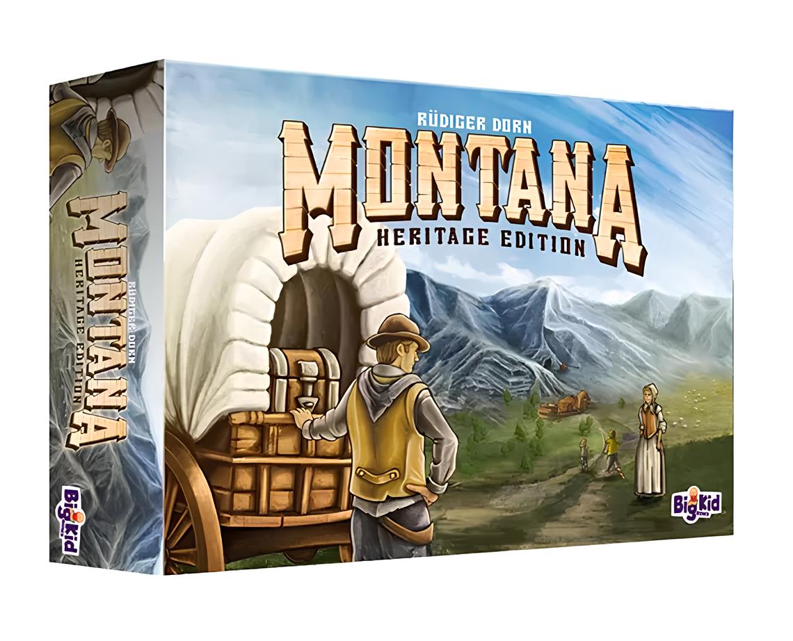 Box art for Montana: Heritage Edition board game. A man by a covered wagon surveys a mountainous pioneer landscape.
