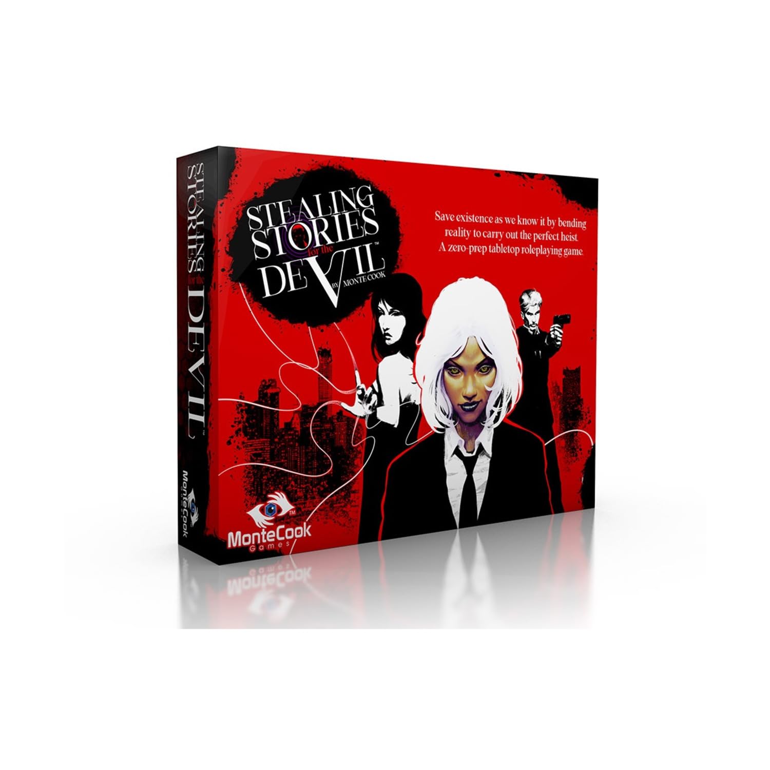 Stealing Stories for the Devil RPG box, red with a white-haired woman and a man holding a gun