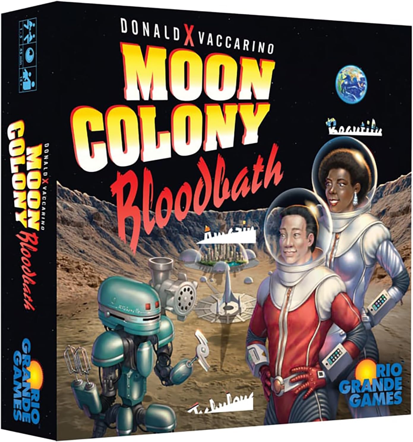 Moon Colony Bloodbath board game box. Smiling astronauts and a cooking robot stand on the moon near a futuristic colony