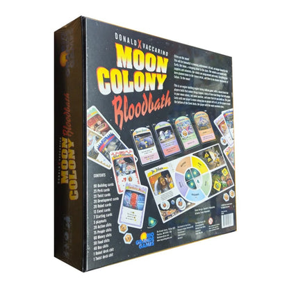 Back of the Moon Colony Bloodbath board game box showing contents list and example cards