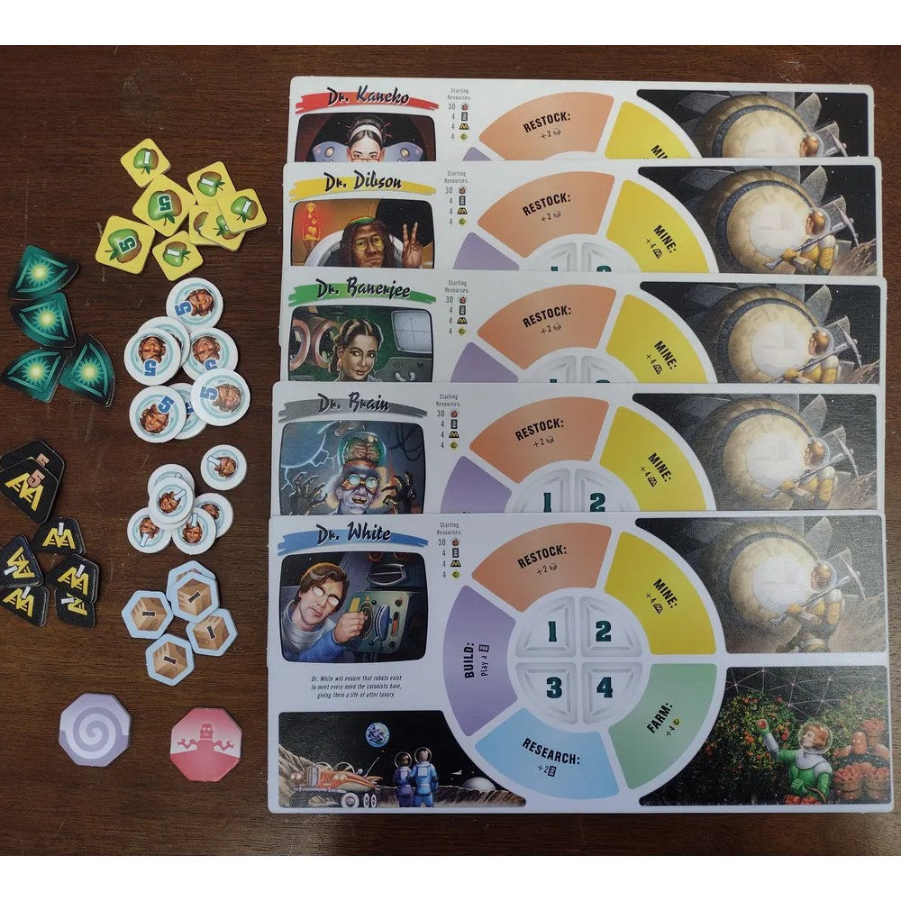 Five character player mats and various resource tokens laid out for a sci-fi board game on a wooden table