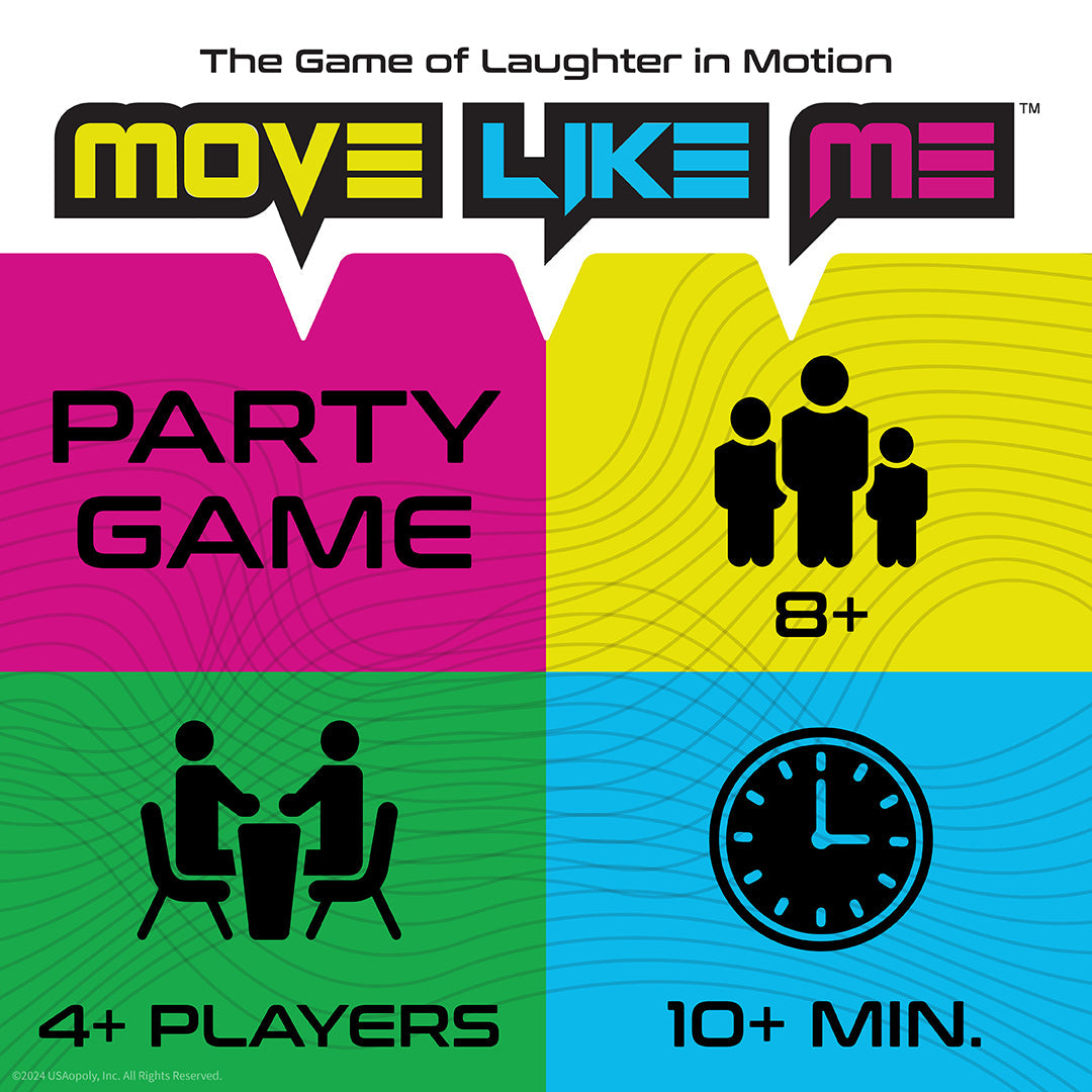 Move Like Me Party Game box art with title player count age range and play time indicators