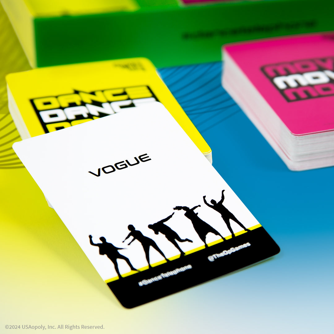 Move Like Me card game showing a Vogue card with six dancer silhouettes
