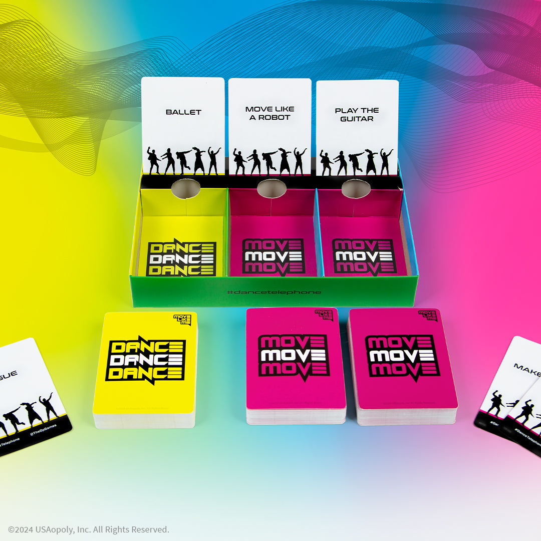 Three stacks of Dance Telephone card game boxes and cards on a colorful background