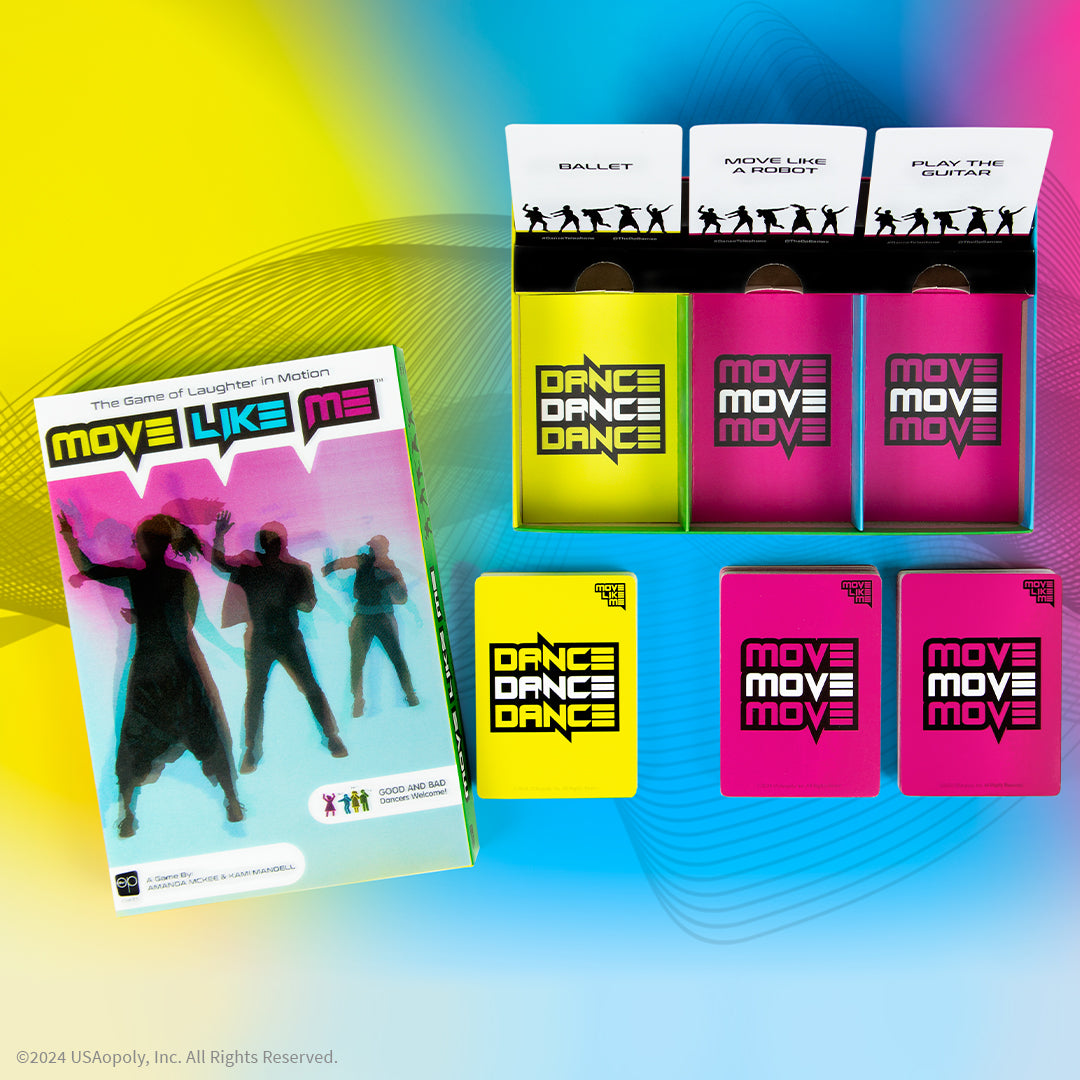 Move Like Me card game with ballet robot and guitar cards displayed with game box
