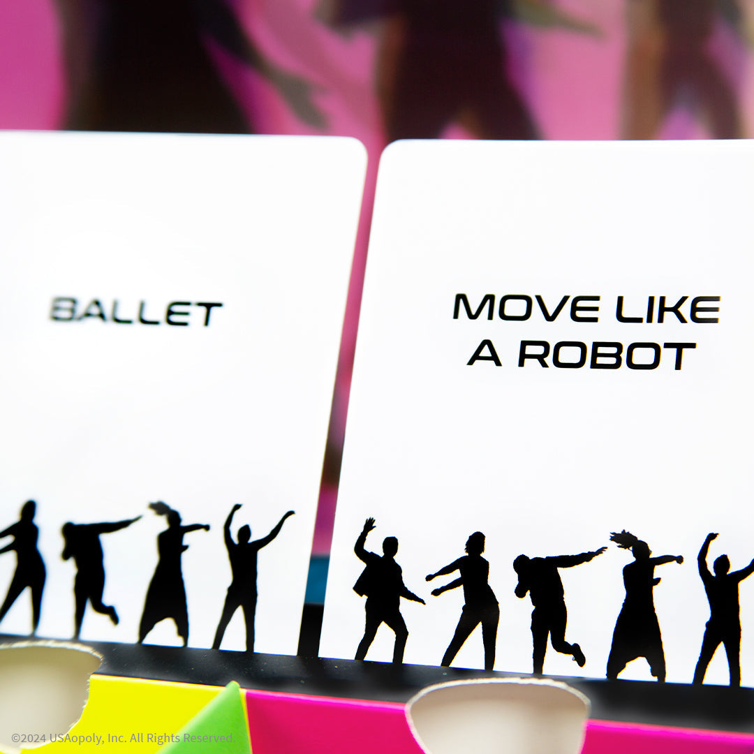 Cards showing Ballet and Move Like a Robot with dancer silhouettes below from the Move Like Me card game
