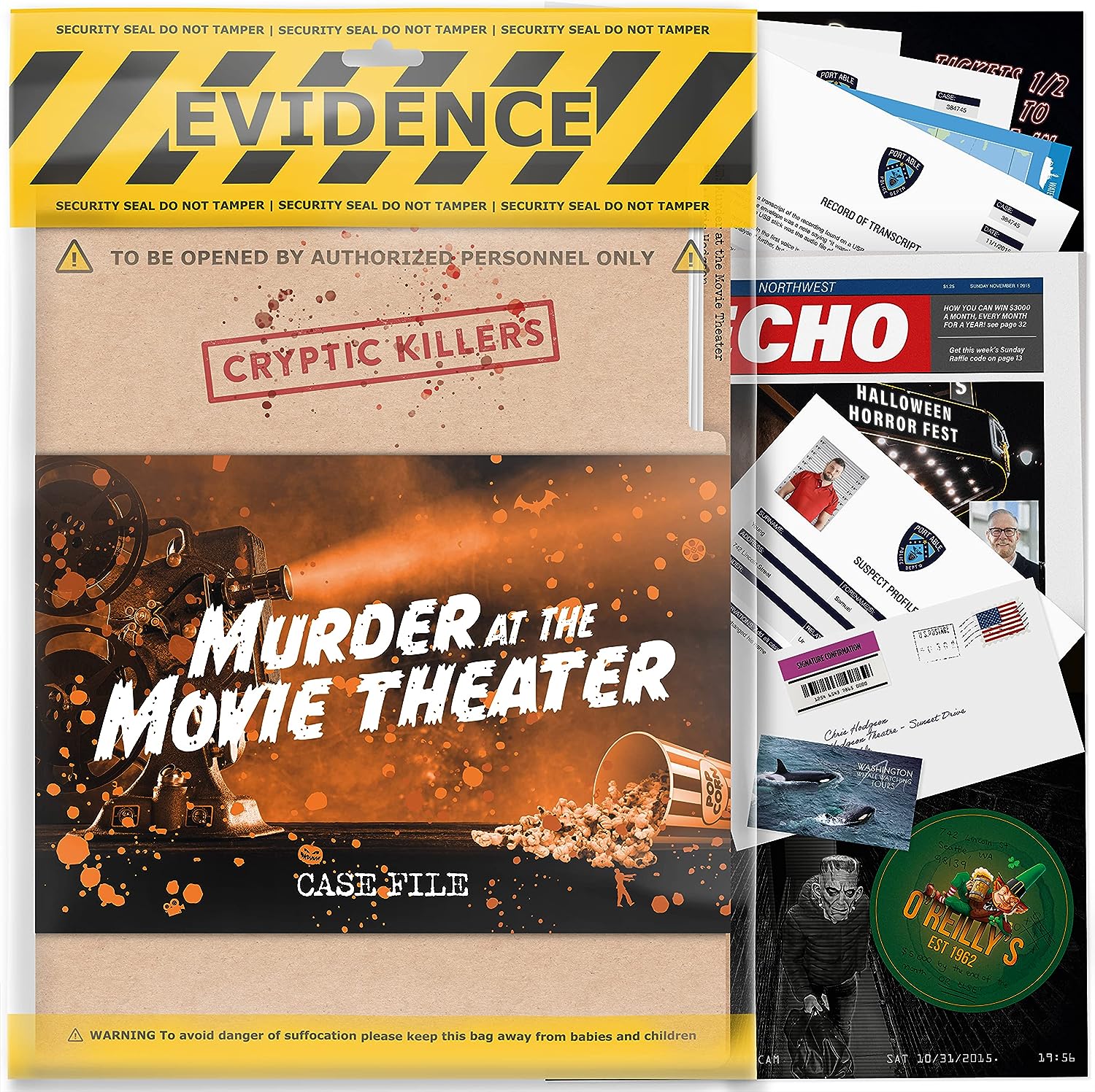 Evidence bag for the "Murder at the Movie Theater" case file, featuring a projector graphic, scattered popcorn and documents