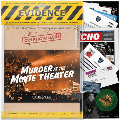 Evidence bag for the "Murder at the Movie Theater" case file, featuring a projector graphic, scattered popcorn and documents