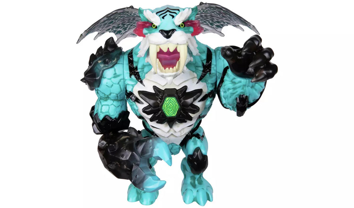 A teal and black monster action figure with wings, roaring fiercely and reaching out, featuring a glowing green chest.