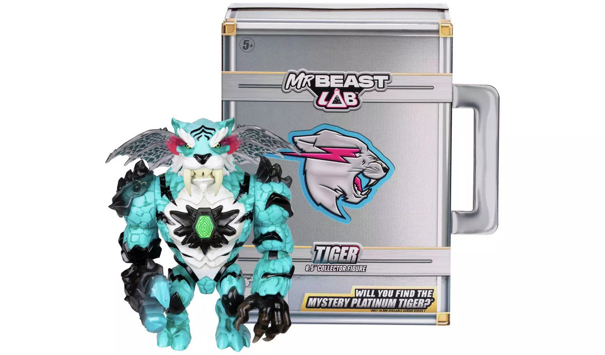 A teal and white Mr. Beast Lab Tiger action figure with wings and sabertooth fangs, next to its silver collector box.
