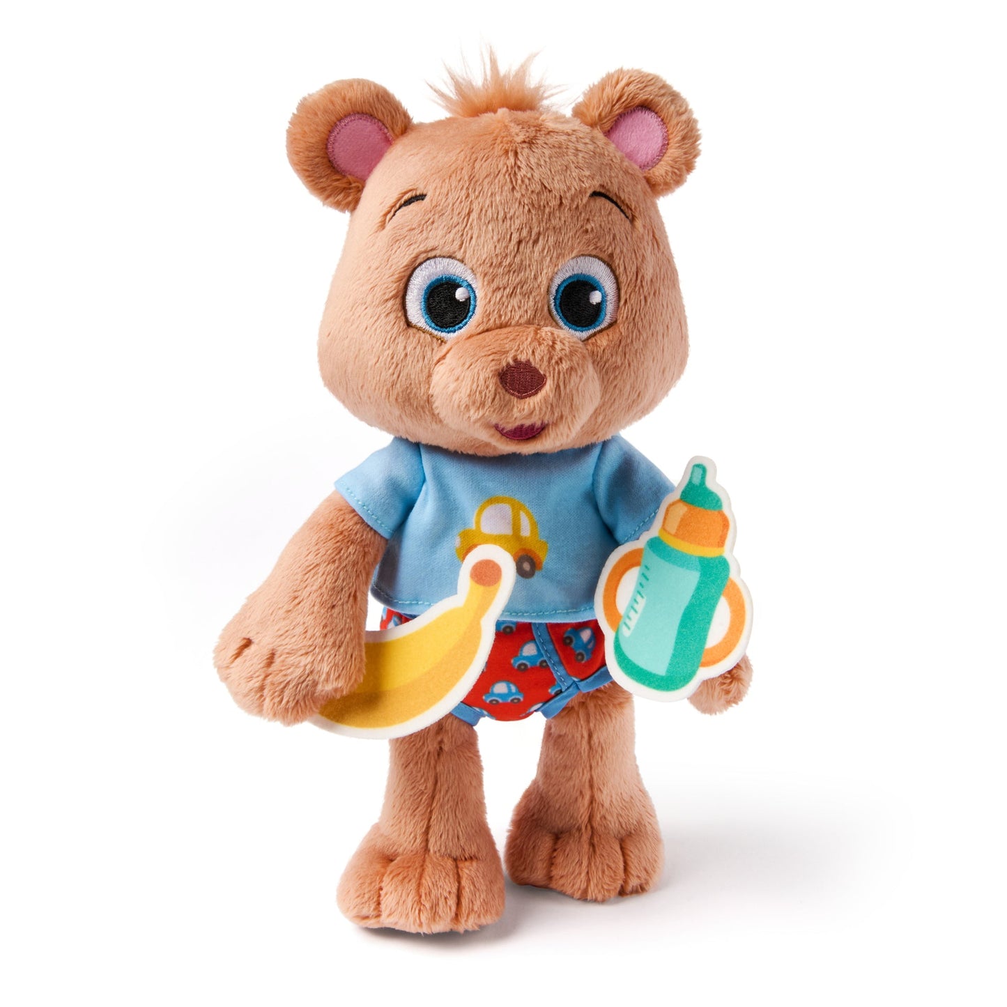 Brown teddy bear plush toy with blue eyes, wearing a blue shirt with a yellow car, and red diaper