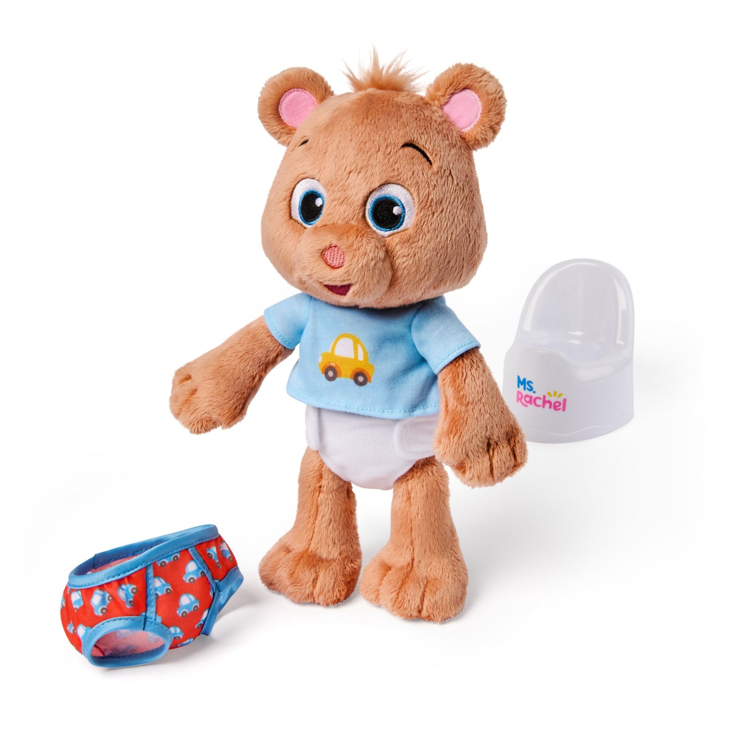 Ms. Rachel brown plush bear in blue car shirt & white diaper, standing next to a tiny white potty chair and red car-print training pants