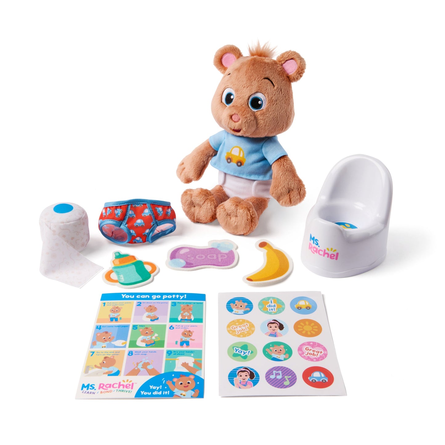 Ms. Rachel plush bear with potty, toilet paper, underwear, sippy cup, soap, banana, potty training guide, and reward stickers