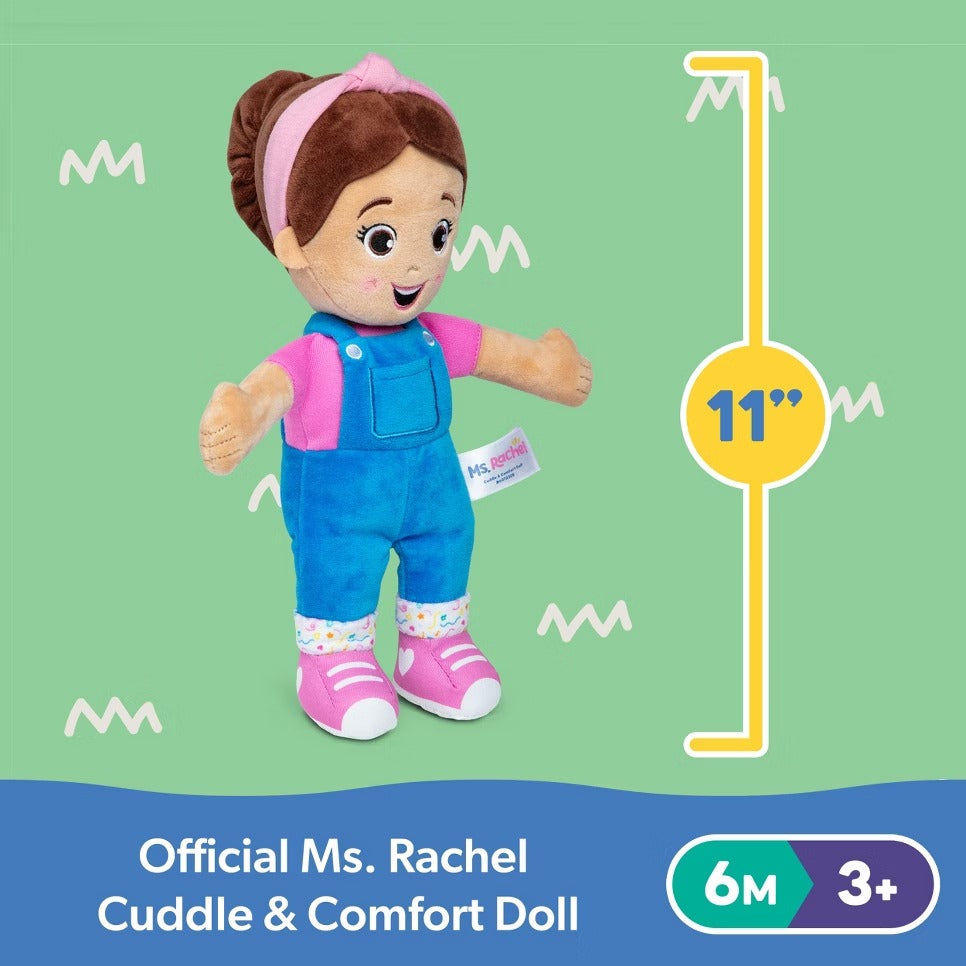 Official Ms. Rachel Cuddle & Comfort plush doll, 11 inches tall, wearing blue overalls, a pink shirt, and pink headband