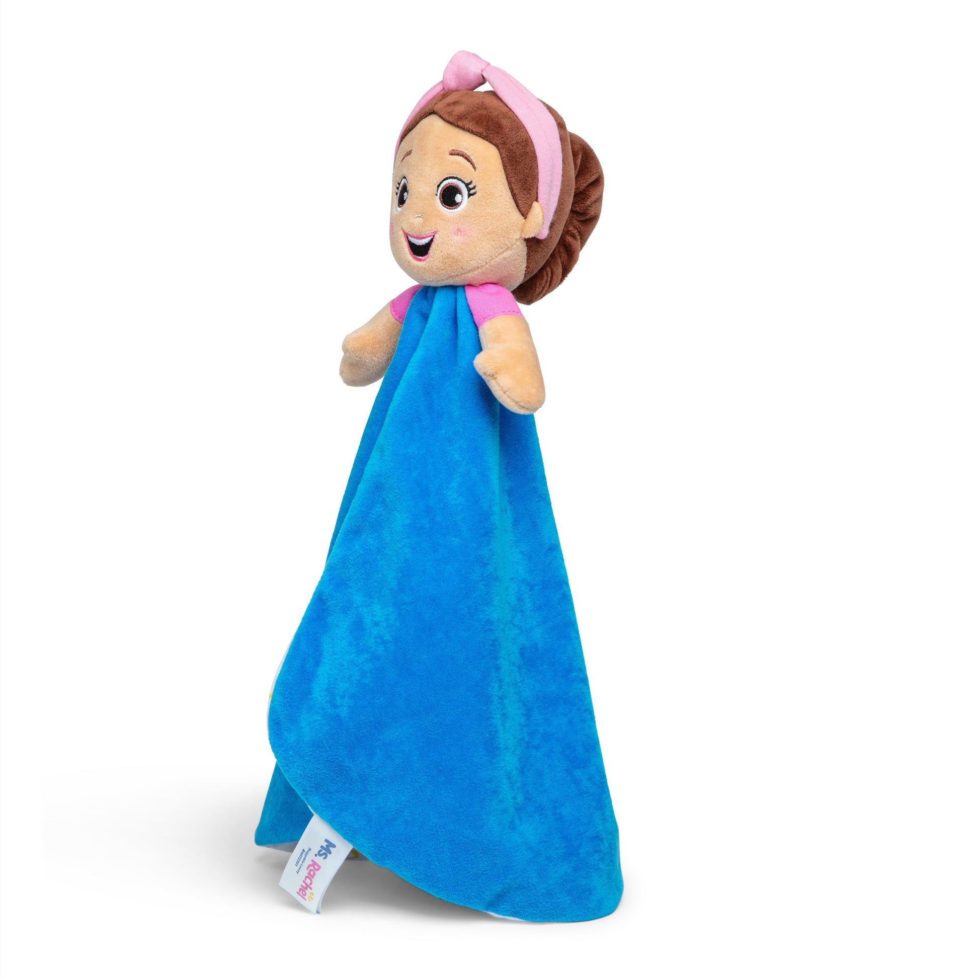 Ms. Rachel plush lovey with a smiling girl doll head, brown hair, pink headband, and a soft blue blanket body