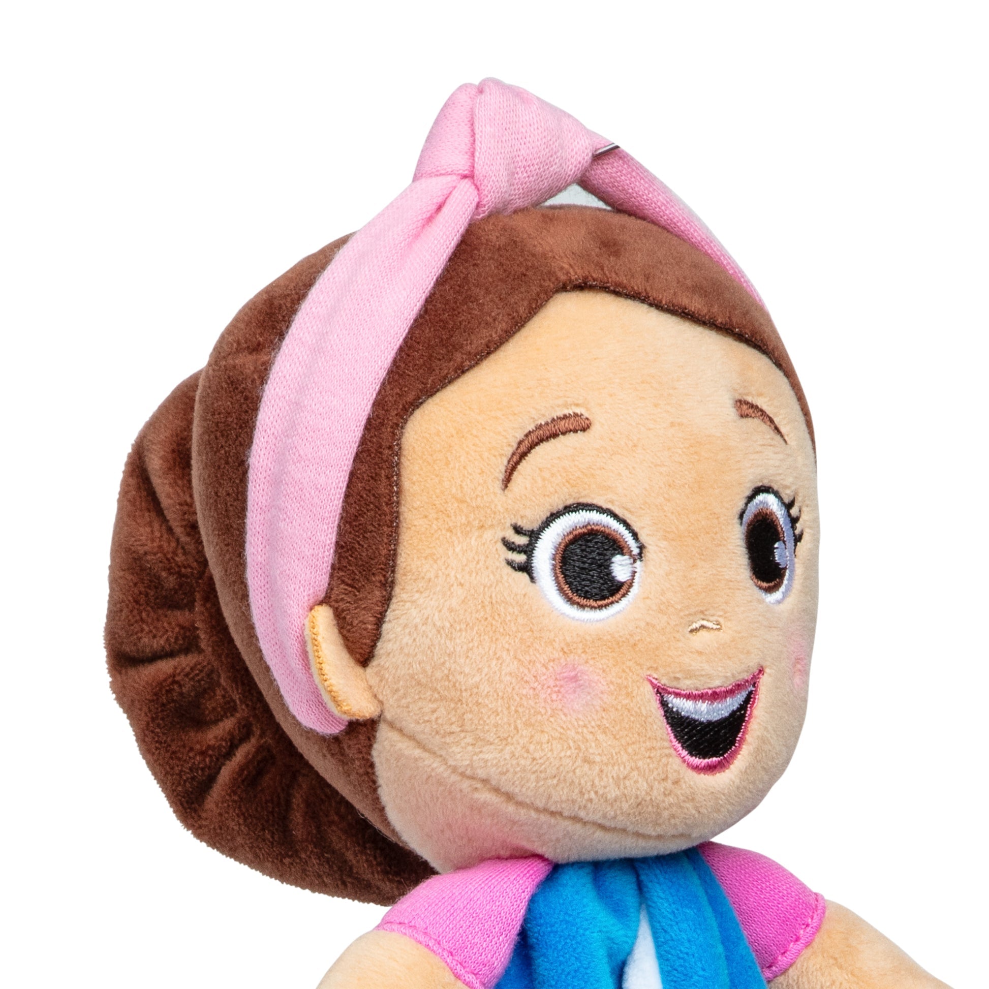 Plush girl doll with brown hair, pink knotted headband, embroidered smiling face, rosy cheeks, and a blue & pink top