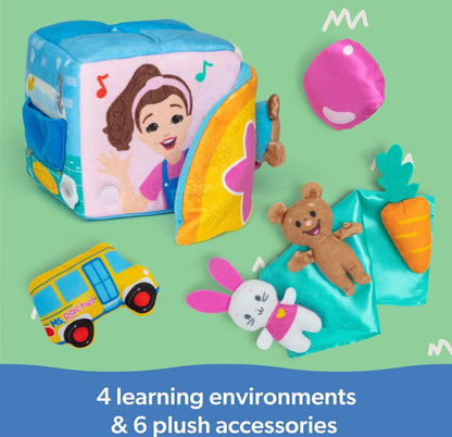Ms. Rachel plush activity cube with interactive panels and soft accessories: bus, bear, bunny, carrot, pink shape
