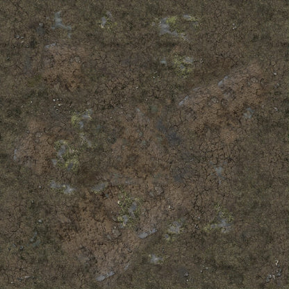 Seamless texture of muddy ground, showing dry cracks, puddles, sparse green plants, and small rocks.