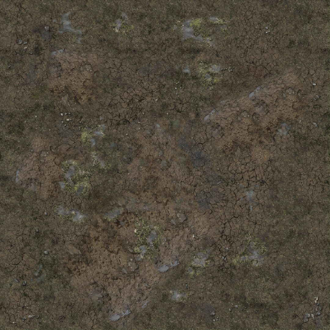 Seamless texture of muddy ground, showing dry cracks, puddles, sparse green plants, and small rocks.