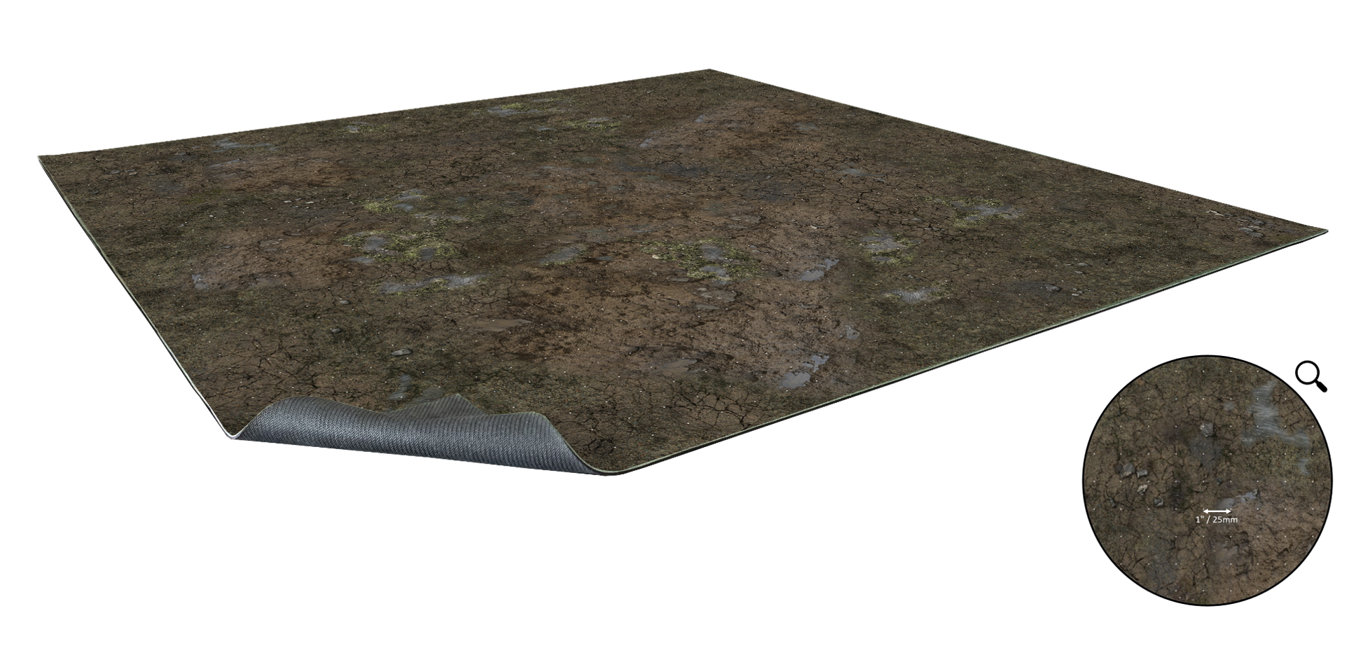Rectangular terrain mat with cracked mud, puddles, and green patches. Corner lifted, showing grey underside. Inset with 1"/25mm scale.