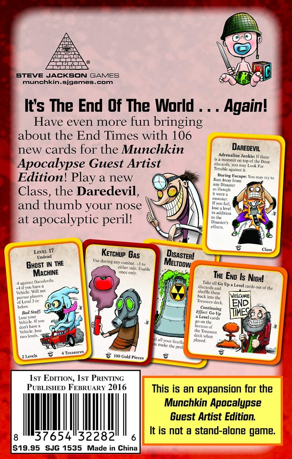 The back of the Munchkin Apocalypse 2 Guest Artist game box features apocalyptic artwork and expansion details with various cartoon cards