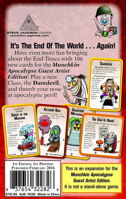 The back of the Munchkin Apocalypse 2 Guest Artist game box features apocalyptic artwork and expansion details with various cartoon cards