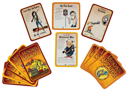 Several Munchkin Apocalypse game cards are fanned out on a white background, some face up depicting characters and items, others showing the game's title